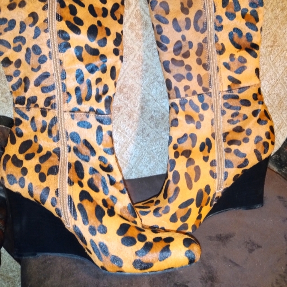 Adrienne Vittadini Saralee Leopard Print Fur Knee High Wedge Boots
